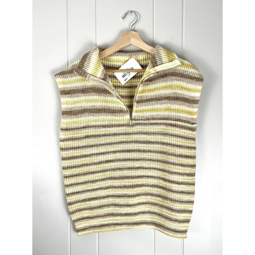 Elan‎ Sleeveless Sweater Collared Zip Neckline Yellow & Brown Striped NWT Size L